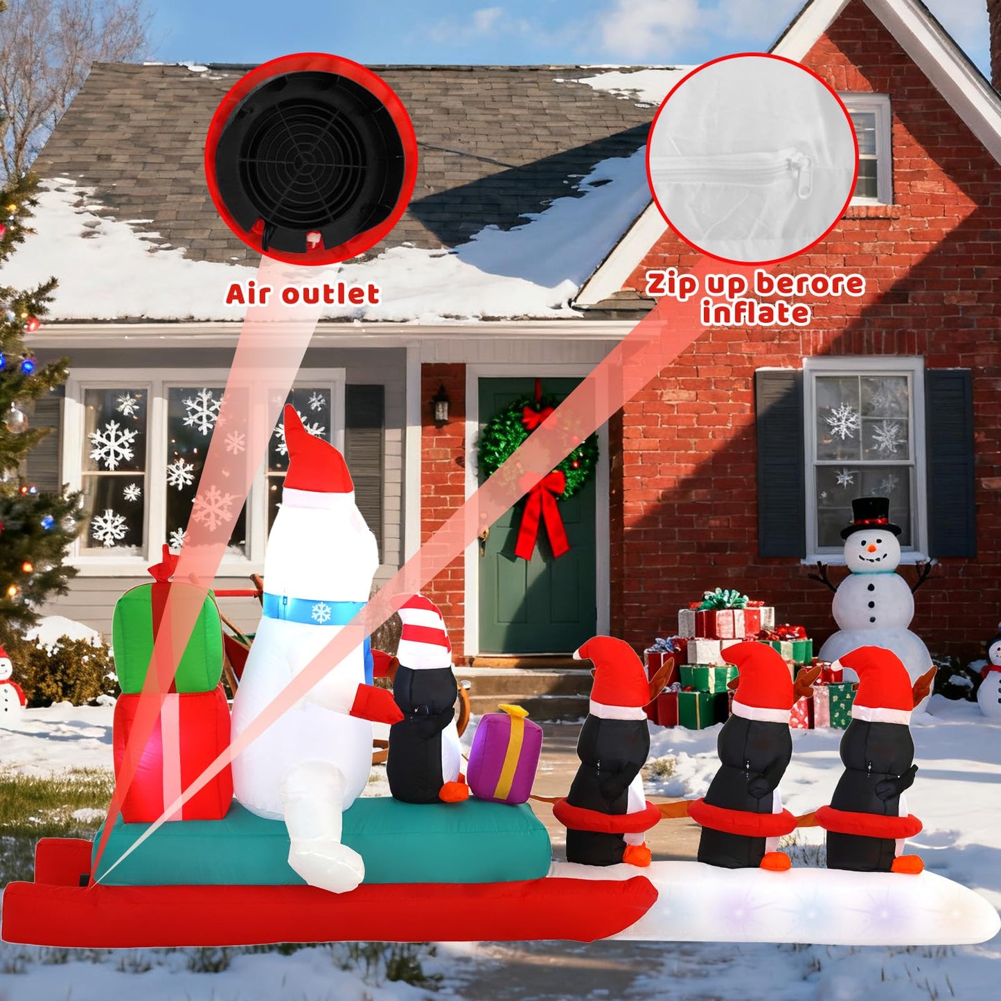 HZGDEJTG 10FT Penguin Pulling a Polar Bear On a Sleigh Christmas Outdoor Inflatable Decoration, Built-in LED Lights and Flashing Lights, Suitable for Christmas Lawns, Gardens, and Courtyards