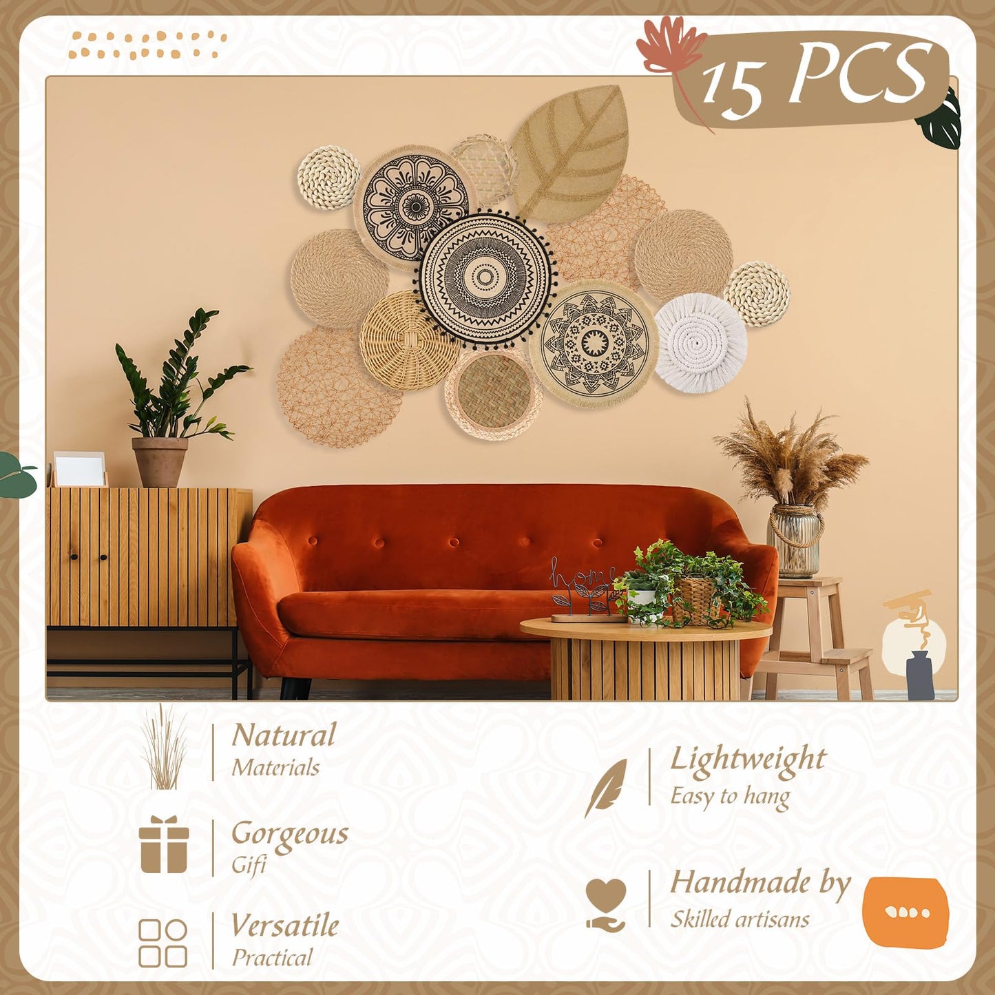 Anglechic 15 Pcs Boho Wall Basket Decor Brown Woven Rattan Seagrass Decor Hanging Rustic Farmhouse Western Wall Art Decoration for Nursery Living Room Bedroom Home Kitchen
