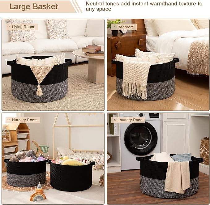 OIAHOMY 115L Extra Large Blanket Basket for Living Room, 23.6" x 15.4" Woven Cotton Rope Laundry Basket for Organizing Pillows, Decorative Stuffed Animal Toy Storage for Nursery, Black and Grey