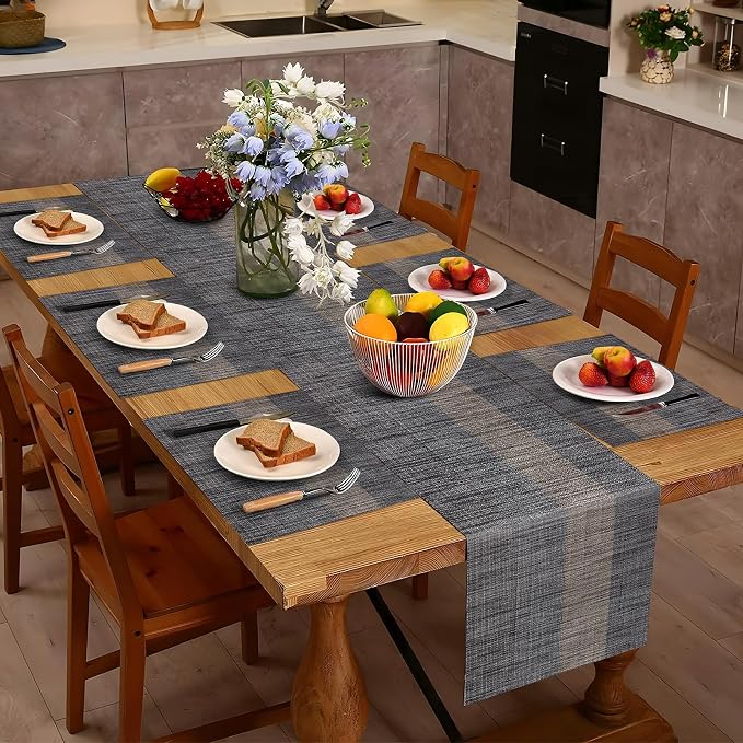 Aofmee Table Runner and Placemats Set of 6 Washable, Heat Resistant Place Mats with Table Runner, Woven Vinyl Table Placemats for Dining Table, Stain Resistant Kitchen Table Mats Sets, Easy to Clean