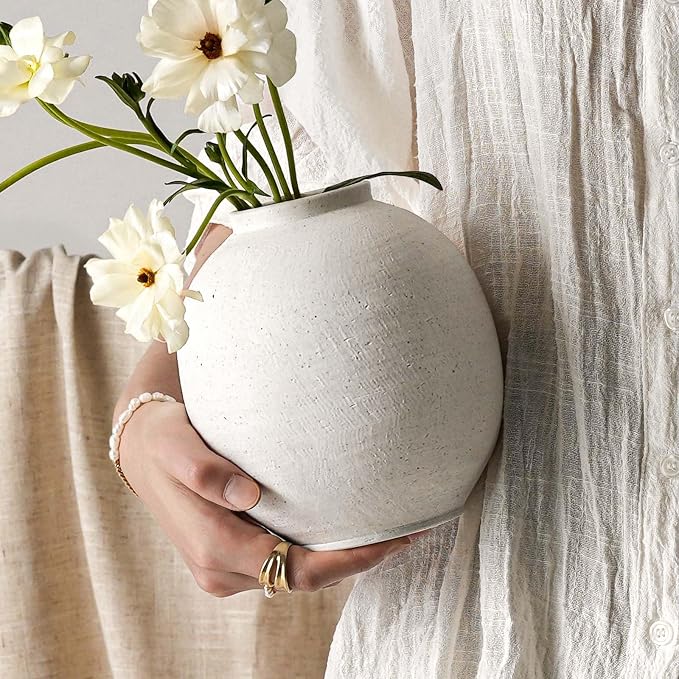 Small White Ceramic Vase - 6.3 Inch Rustic Farmhouse Flower Vase for Home Decor, Minimalist Vases for Living Room, Table, Bathroom, Holiday & Weddings (Sandstone White)