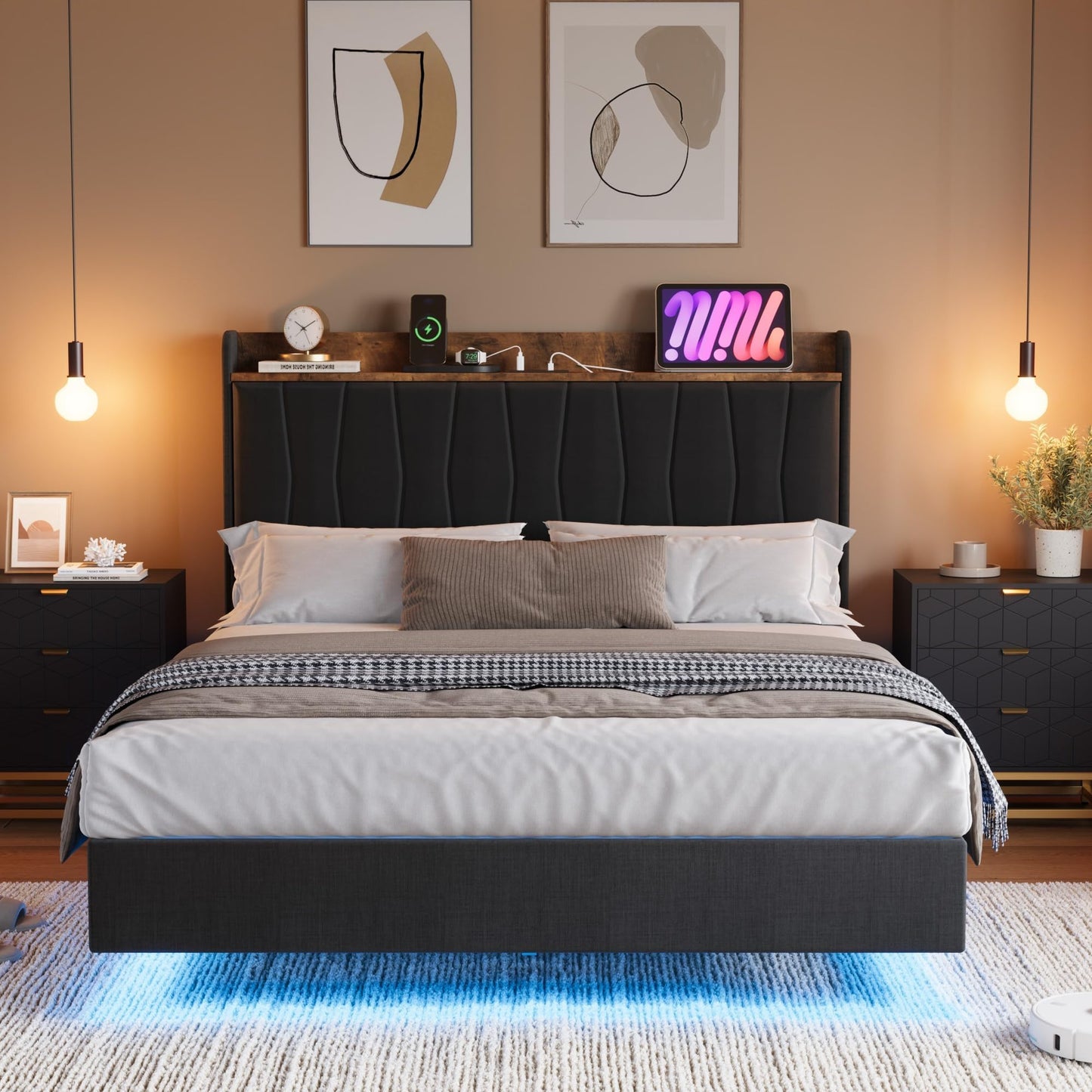 GarveeHome Floating Bed Frame King with LED Lights & USB Charging Station – Modern Upholstered Platform Bed with Headboard, Solid Wood Slats Support, No Box Spring, Easy Assembly, Noise-Free, Black