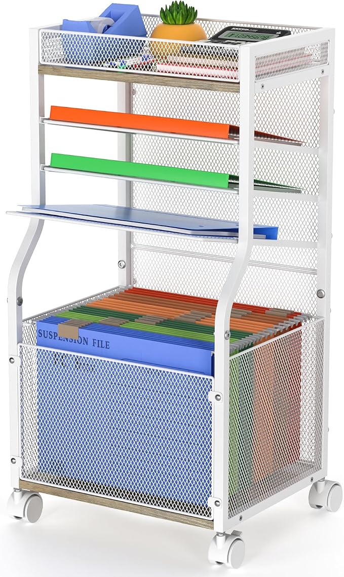5-Tier Rolling File Cart with Lockable Wheels, Mobile Desk File Organizer Hanging File Folders Paper Letter Sliding Trays, White Wood & Mesh Hanging Folder Drawer Organization for Office, Home, School