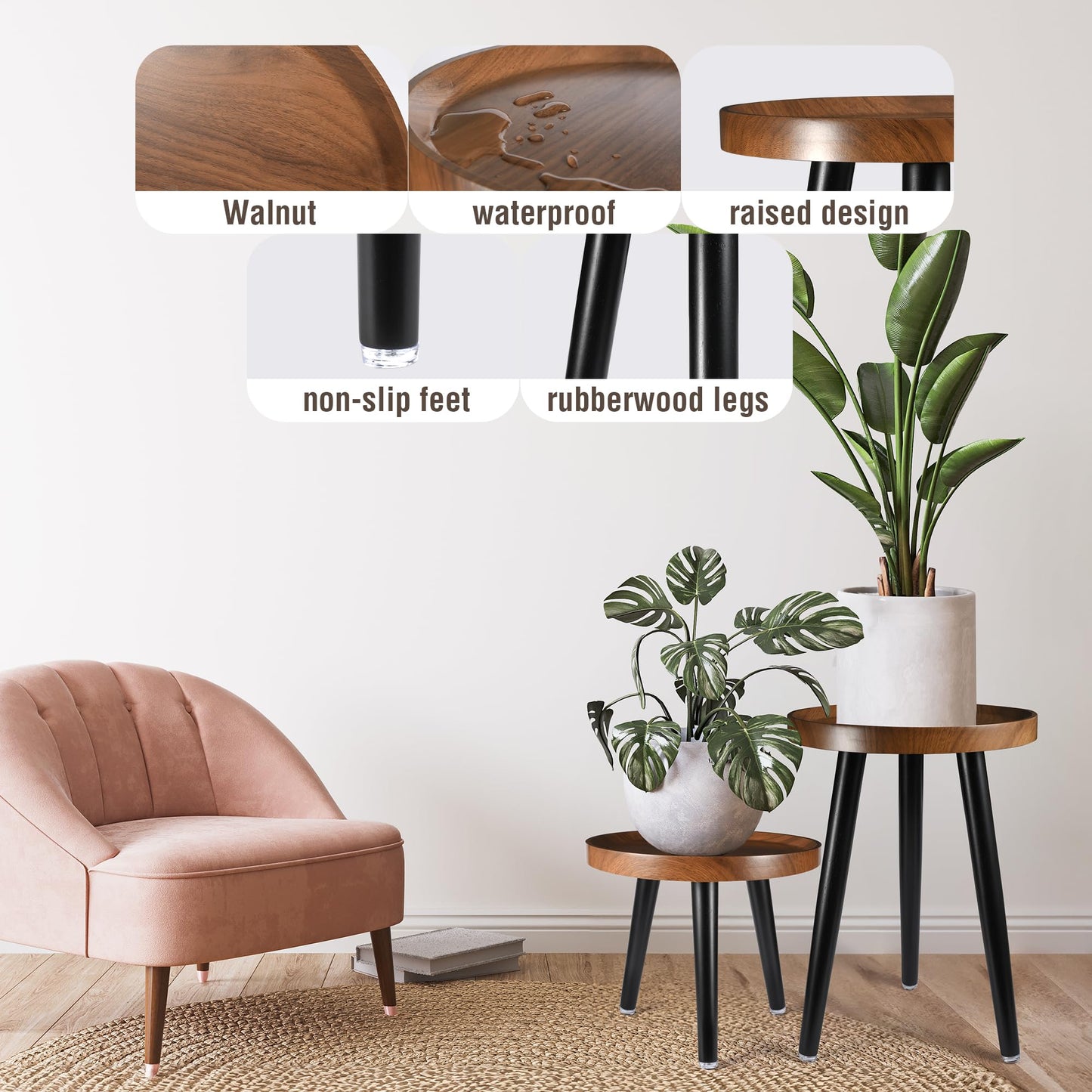 KGPLOME Indoor Plant Stand,Wood Mid Century Plant Table in Walnut Finish,Tall Plant Stand for Flower Pot,Modern Round Small Side End Table with Raised Design (Walnut, 12"x18")