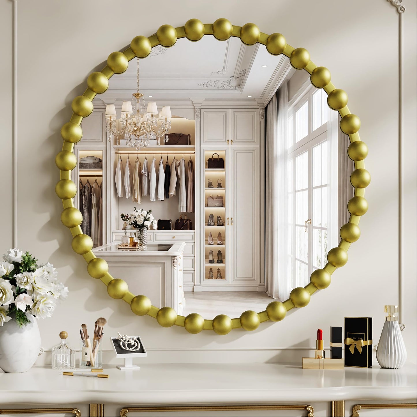 WISSMIELS Round Vanity Mirror for Wall, 28 Inch Beaded Frame Circle Mirror for Bedroom Dresser, Bathroom, Entryway, Living Room, Decorative Hanging Wall Mirror, Gold
