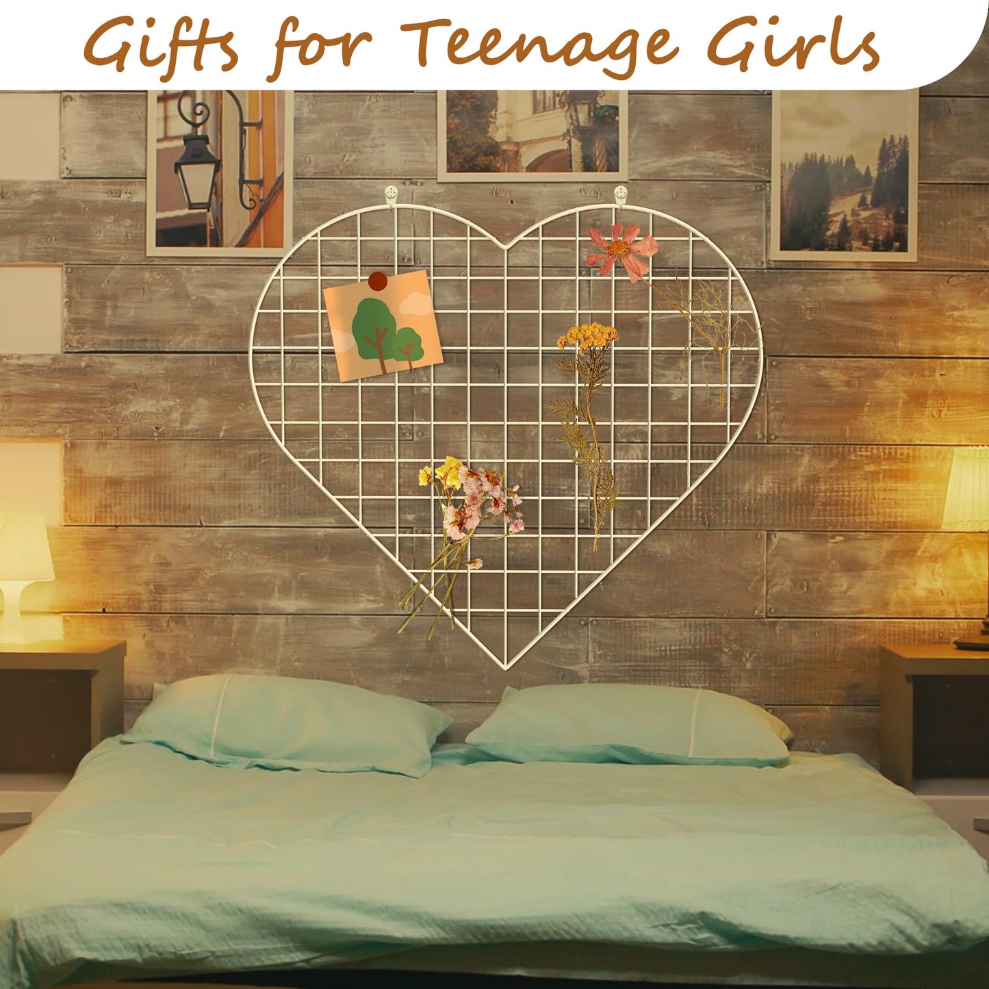 ECLENYES Grid Photo Wall Panels - 22.4"x20.4" Heart Shape Iron Rack Art Wire Board, Wall Grid Organizer, DIY Photo Frame for Home, Office, Kitchen, Bedroom, Christmas Gifts - White