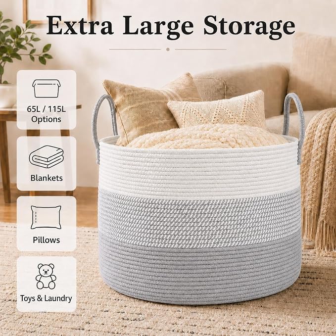 JMvicyroam 115L Extra Large Blanket Basket for Living Room - Woven Cotton Rope Laundry Hamper with Reinforced Handles - Storage Bin for Pillows, Comforters & Toys - Machine Washable,White&Grey Mix