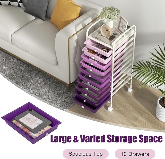 MEDIMALL 10 Drawers Rolling Storage Cart, Multipurpose Craft Storage Cart with Wheels, Mobile Tools Scrapbook Paper Organizer Cart for Office School Home Use