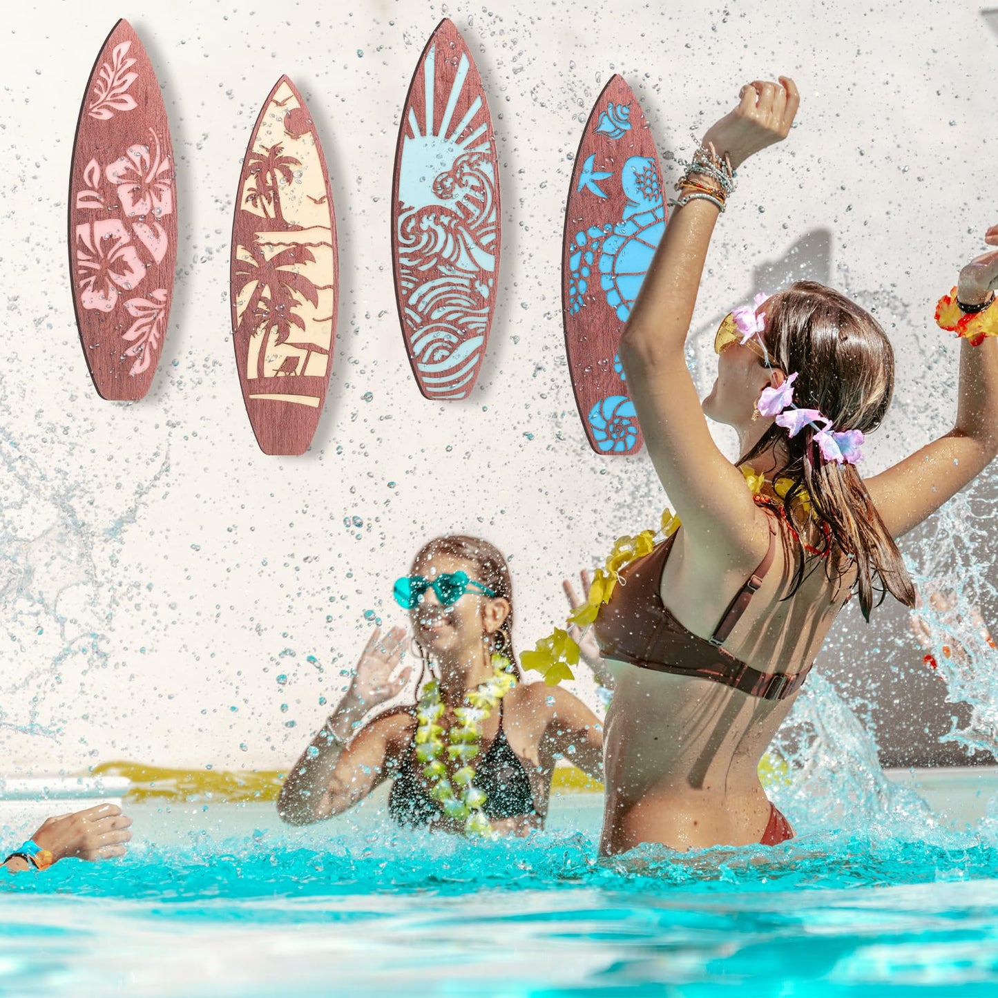 Lineshading 4 Pcs 23.6" x 6.7" Surfboard Wall Decor Large Surfboard Hanging Sign Summer Hawaiian Tropical Surf Boards Decor for Wall Room Bedroom Party Beach Art(Classic Style)