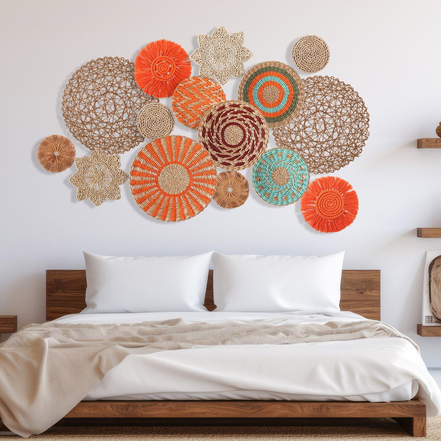 Anglechic 15 Pcs Boho Wall Basket Decor Woven Rattan Seagrass Wall Decor Hanging Rustic Farmhouse Western Art Decoration for Nursery Living Room Bedroom Home Kitchen(Orange Style)