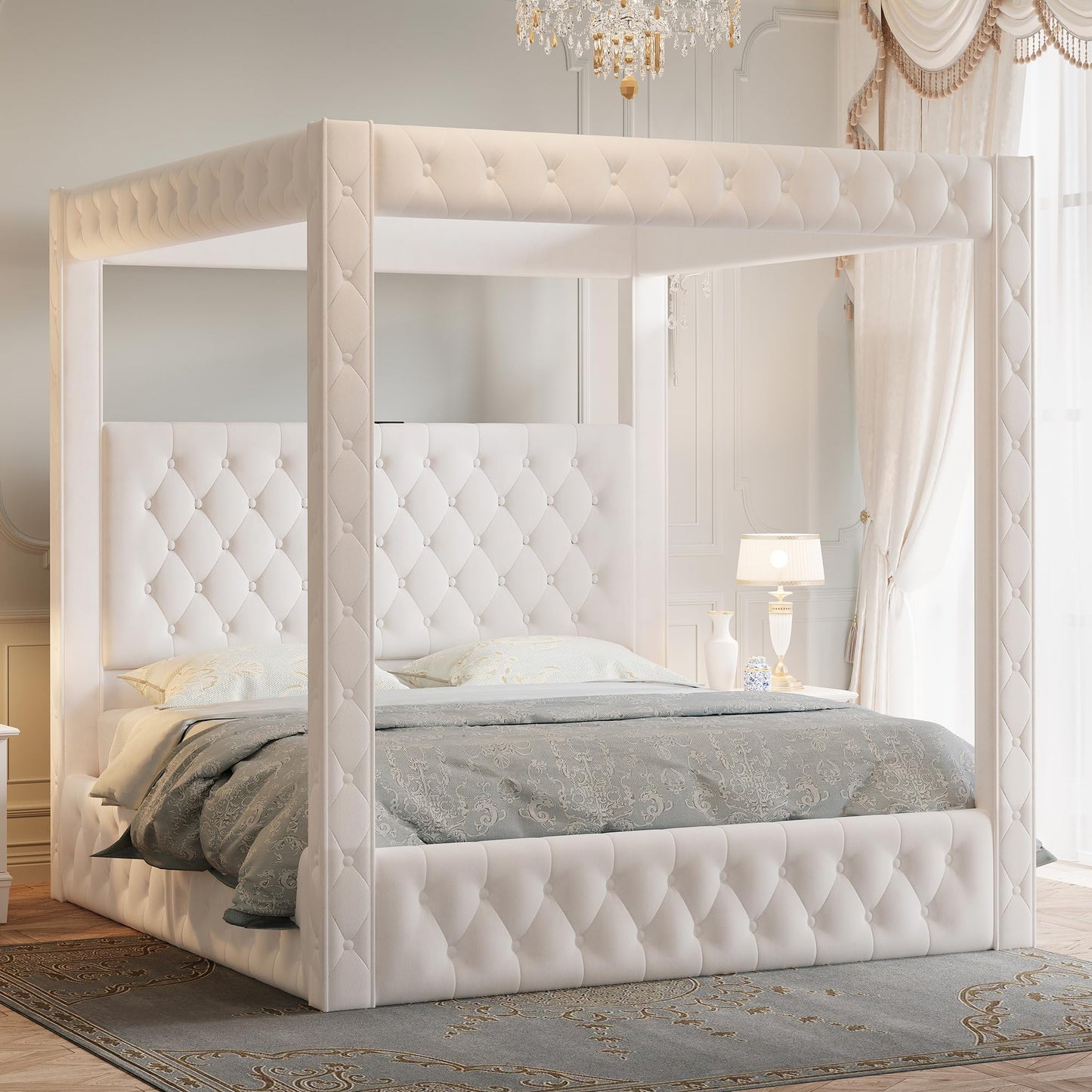 Jocisland Upholstered Canopy Bed Frame Queen Size with 74.8" Tall Four Poster and Velvet Deep-Tufted Tall Headboard with Charging Station/Modern Luxury Style/No Box Spring Needed/Cream