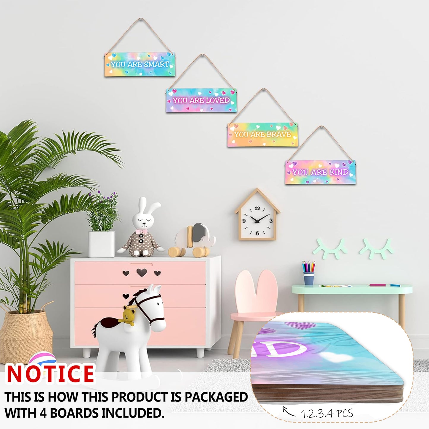 4 Pieces Tie Dye Decor Kids Room Wall Decor Wooden Sign - Motivational Wall Art For Kids Room Nursery Playroom Classroom - You Are Loved Brave Kind Smart(Sign-04)