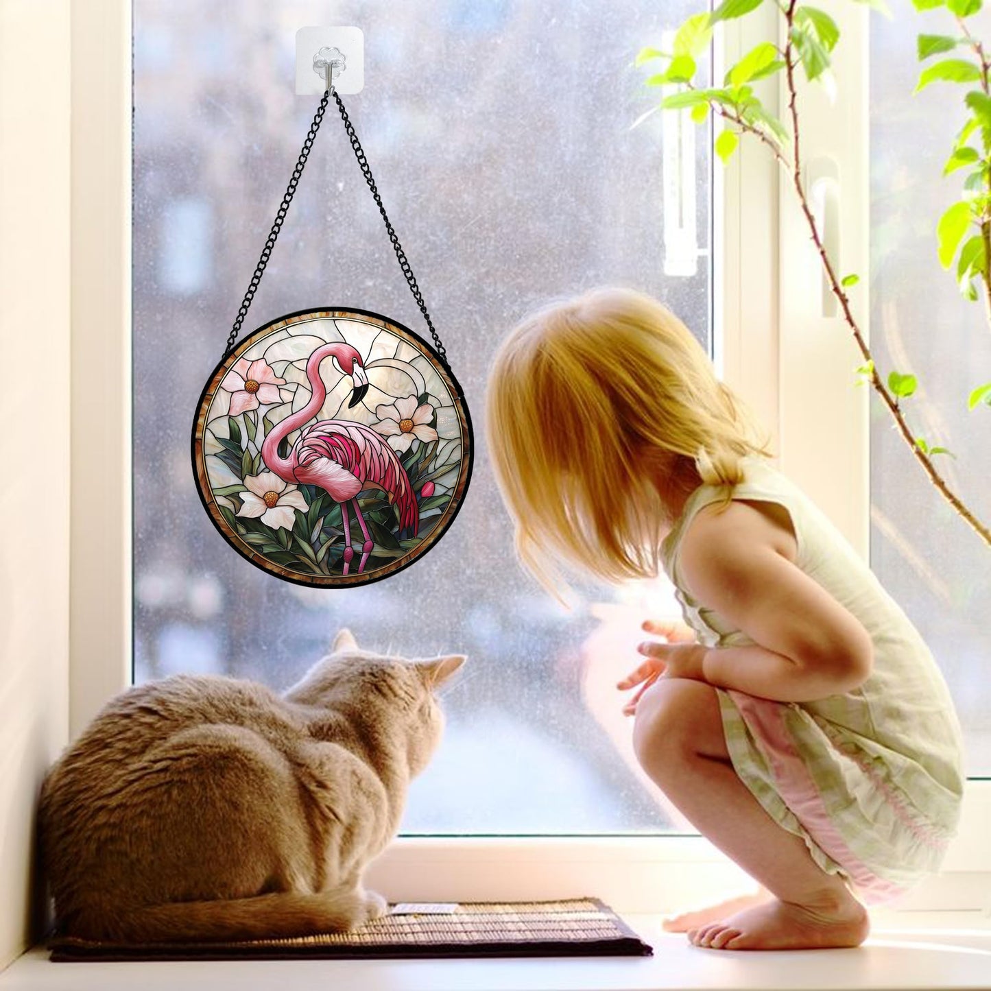 DASTOLL Stained Glass Window Hanging, Flamingo Flower Sun Catchers Diamond Glass Panel Hangings Pink Suncatcher Decor for Birthday for Women, Men, Wife, Aunt, and Mom 6.3 in