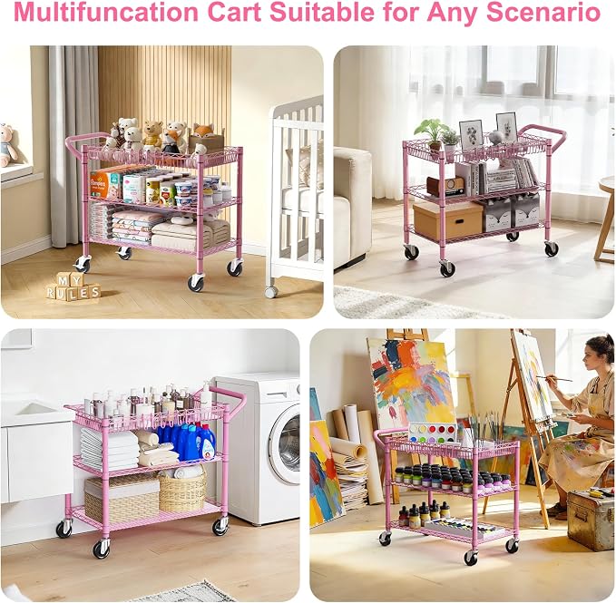 WDT Pink Rolling Utility Cart with Wheels, 990Lbs Heavy Duty Metal Cart with Handle & Shelf Liners, NSF Certified 3-Tier Storage Trolley for Esthetician, Kitchen, Salon & Craft Room, Pink