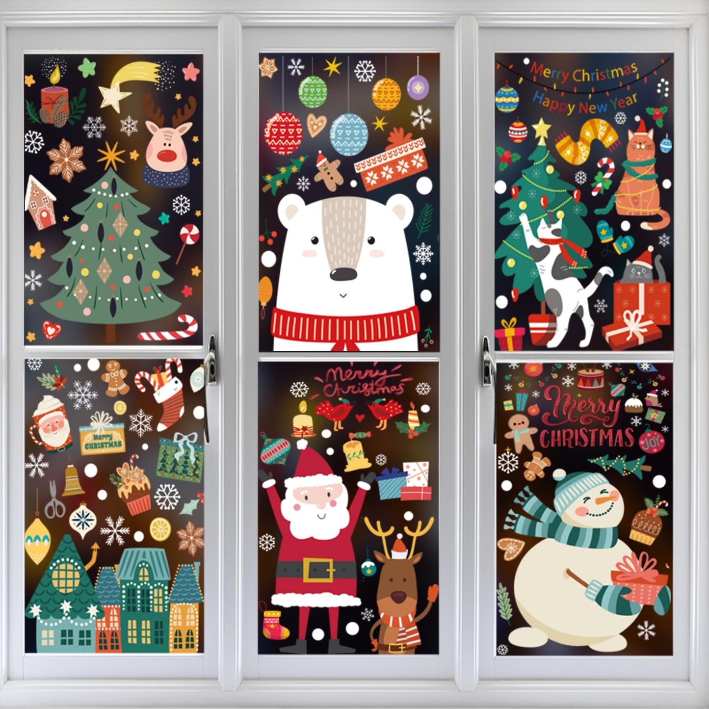 Christmas Window Clings Decorations, Xmas Stickers for Glass Windows, Fun Gift for Kids, Cute Decal Decor with Santa, Polar Bear, Snowflakes, 8 Sheets