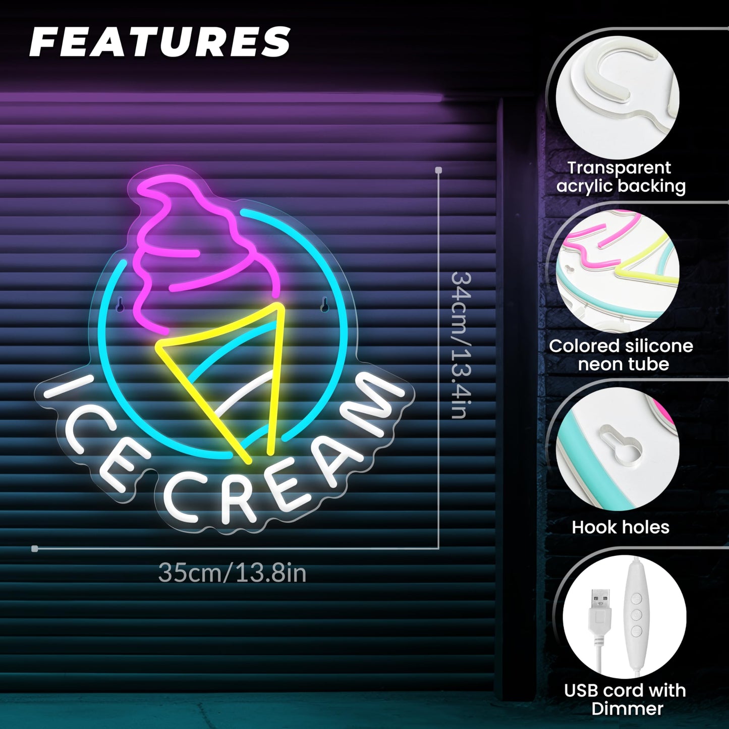 Ice Cream Neon Sign for Wall Decor Dimmable Led Neon Sign for Ice cream Shop Birthday Christmas Party Bedroom Bar Drink Shop Wall Decoration USB Powered