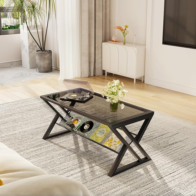 Wolawu Glass Coffee Table Living Room Table with Storage Shelf, Grey Glass Table Simple Modern Rectangular Tables with Sturdy Black Metal Frame,Industrial Glass Coffee Table for Bedroom Home Office