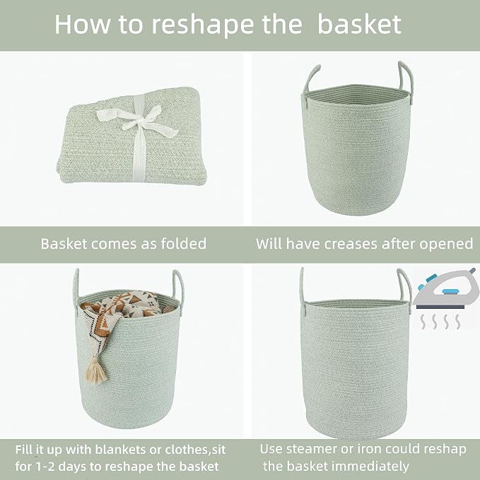 XUANGUO Cotton Rope Laundry Basket Hamper for Clothes Woven Storage Basket for Living Room Bedroom Boho Tall Rope Baskets for Blanket Toys Pillow Towels Baby Nursery Hamper Bin green Large