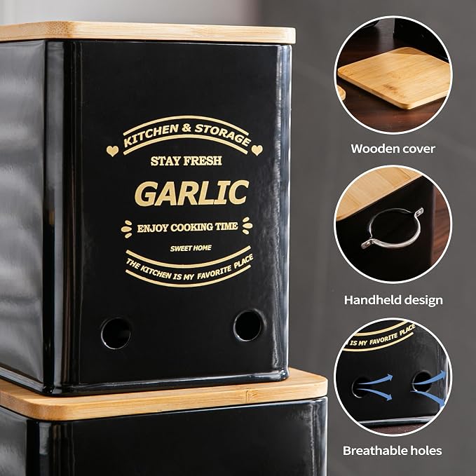 Potato Onion and Garlic Storage Bin Set of 3, Metal Kitchen Vegetable Canisters with Bamboo Lid and Aerating Holes, Stackable Kitchen Storage Tin for Countertop Pantry