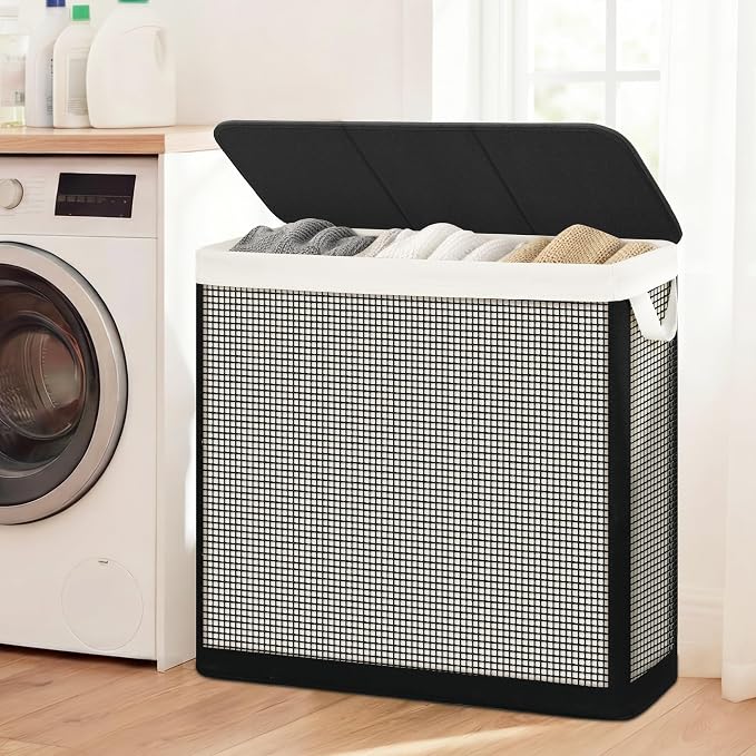 STO STO Laundry Hamper 3 Section with Lid, 180L Large 3 Compartment Laundry Sorter, Laundry Basket with Removable Washable Liner Bag, Breathable Clothes Hamper for Bedroom Bathroom Laundry Room Closet