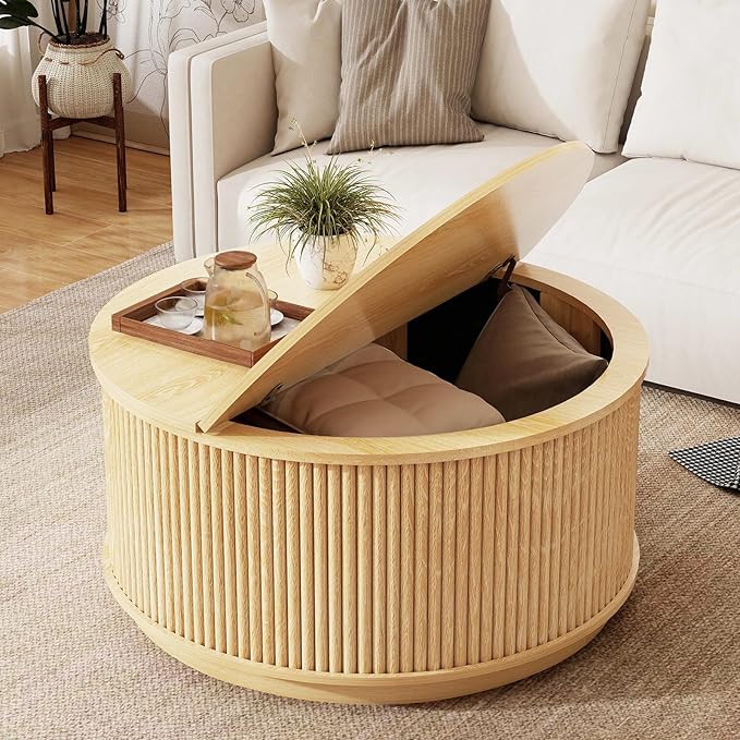 LYNCOHOME 31.5'' Fluted Flip Top Round Coffee Table with Storage, Circle Coffee Table, Modern Coffee Table for Living Room, Center Table for Living Room, Home Office, Light Oak, Natural