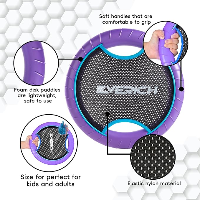 EVERICH TOY Trampoline Paddle Ball Set with 2 Bouncy Paddles & 4 Balls - Soft Foam Design for Kids Play Indoor Outdoor Beach Backyard Lawn - Great Gift Idea for Boys & Girls (Blue & Purple)
