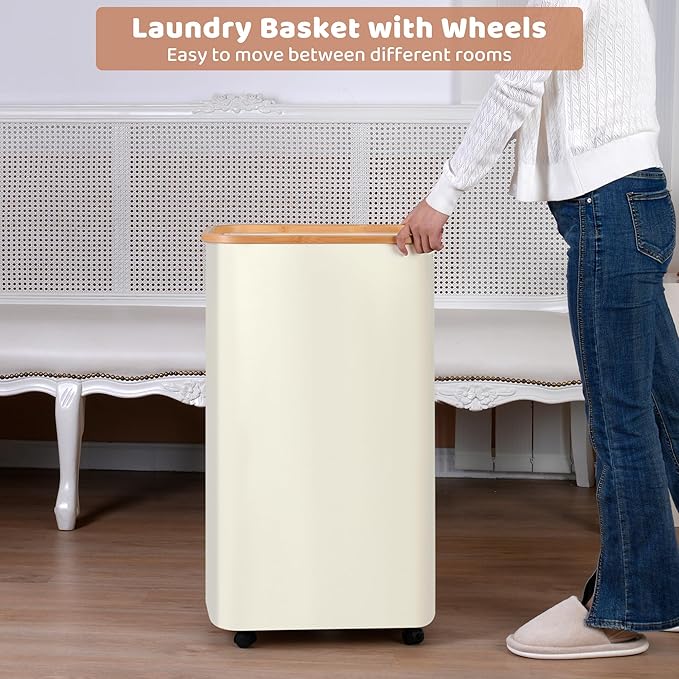 Laundry Hamper with Wheels,110L Laundry Basket with lid Rolling Clothes Basket Foldable Dirty Clothes Hamper on wheels with Bamboo Frame and Bag for Bedroom, Dorm, Laundry Room,Beige(29 Gal)