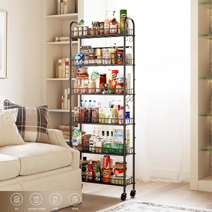 6-Tier Slim Storage Cart, Rolling Kitchen Cart with Wheels | Narrow Metal Shelf Organizer with Hooks for Kitchen, Bathroom, Living Room, Laundry, Small Spaces, Black, 6 in