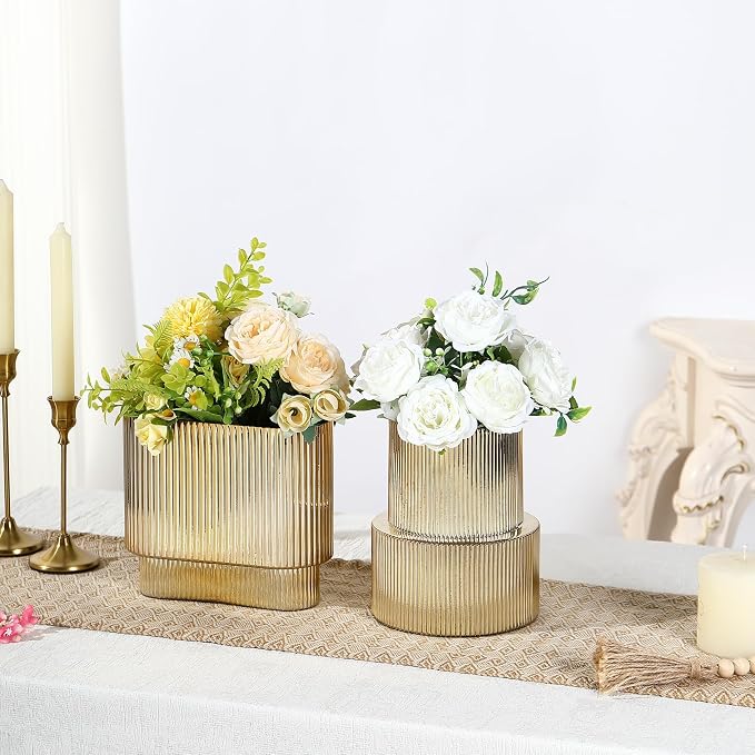 Gold Glass Vases, Set of 2 Ribbed Vases for Flowers, Gold Vase for Tulips, Modern Glass Vase for Living Room, Dining Table, Office, Entryway, Mantle, Bookshelf, Wedding Gifts