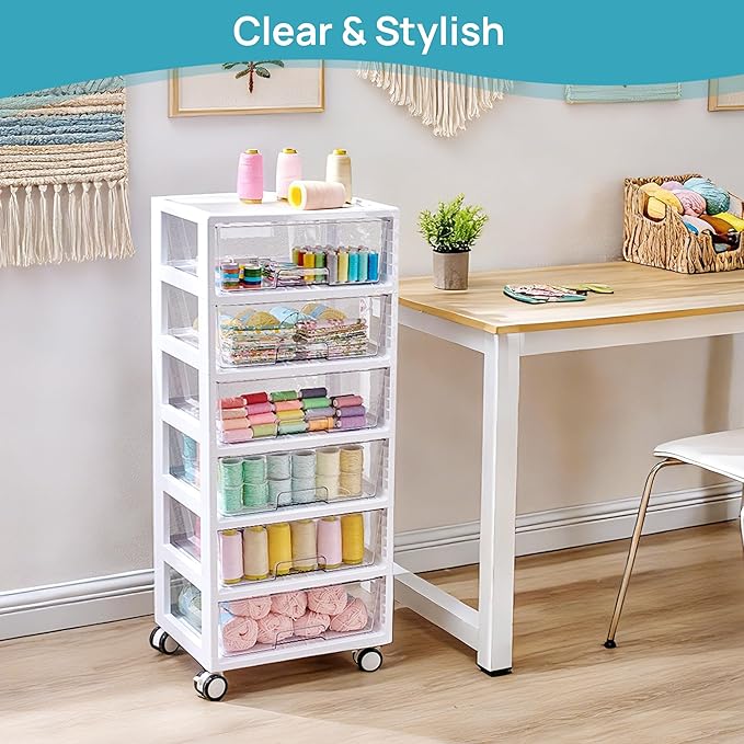 Vtopmart 6-Tier Rolling Cart with Deep Drawers, Clear Plastic Storage Organizer for Art & Craft Supplies, Toy, Office, Classroom, Bedroom, Bathroom