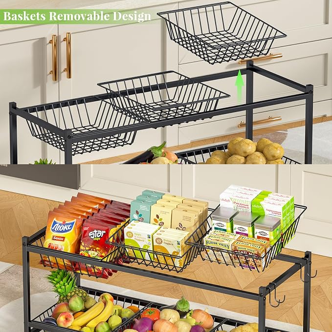 2-Tier Rolling Pantry Cart on Wheels with 6 Removable Baskets, Sturdy Pantry Floor Organizer and Storage, Kitchen Storage Cart for Fruit Vegetables, Snack Organizer for Pantry Kitchen Living Room