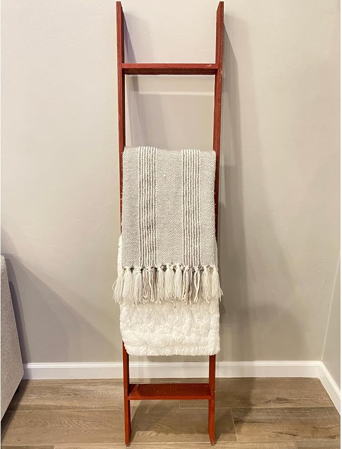 BARNWOODUSA Throw Blanket Ladder – Fully Assembled Reclaimed Wood – Rustic Decorative Ladder for Towels, Quilts, & More – Perfect Farmhouse Decor for Bathroom, Porch, or Living Room,5-Foot Red