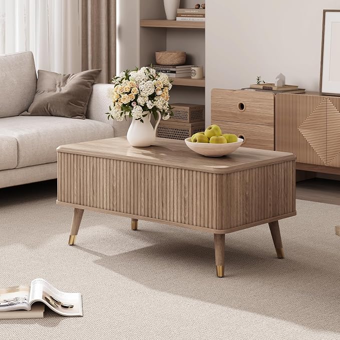 JOINICE Lift Top Coffee Table with Storage,Natural Wood Center Table for Living Room, Modern Farmhouse Oak Fluted Design,Pop-Up Desk for Work & Dining