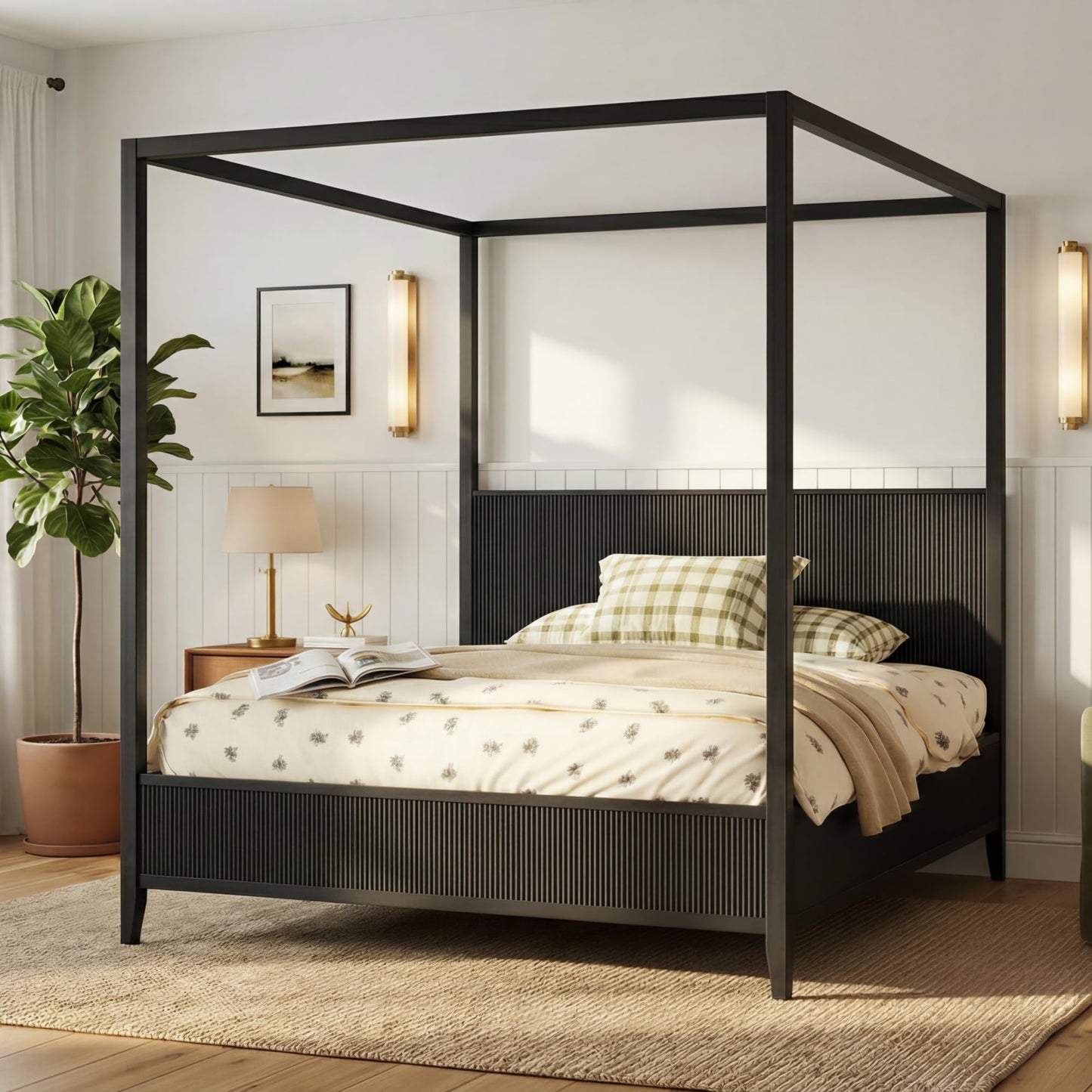 Merax Modern Luxury Queen Size Wooden Canopy Bed Frame with Headboard, Slats Support, Wood 4 Poster Bed Frame, No Box Spring Needed, Contemporary Bedroom Furniture, Black