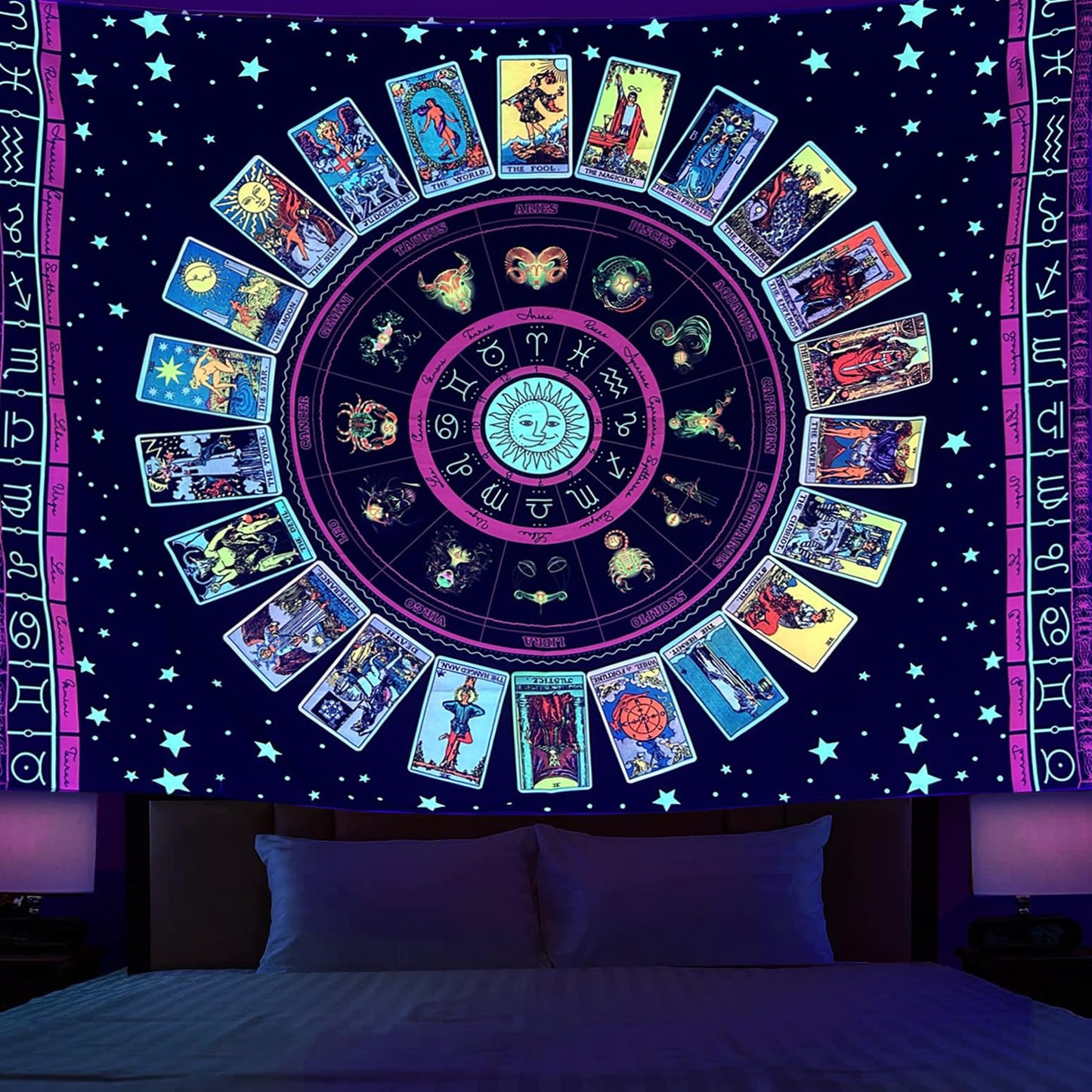 Simpkeely Blacklight Astrology Tarot Tapestry, Wheel of the Zodiac Spiritual Tapestries, UV Reactive Stars Constellation Decoration Wall Hanging Neon Tapestry for Bedroom Aesthetic - 44" x 59"
