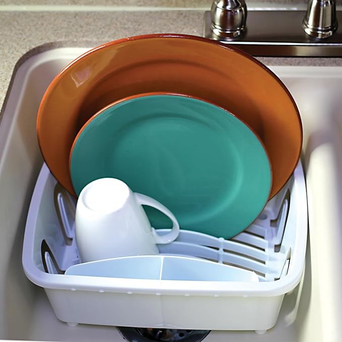 Camco RV Mini Dish Drainer & Tray - Features a Sloped Drain Tray Design, Heavy-Duty Construction - Ideal for Small Spaces, Apartments, Boats, and More -9.5"L x 11.7"W x 4.75"H - White (43511)