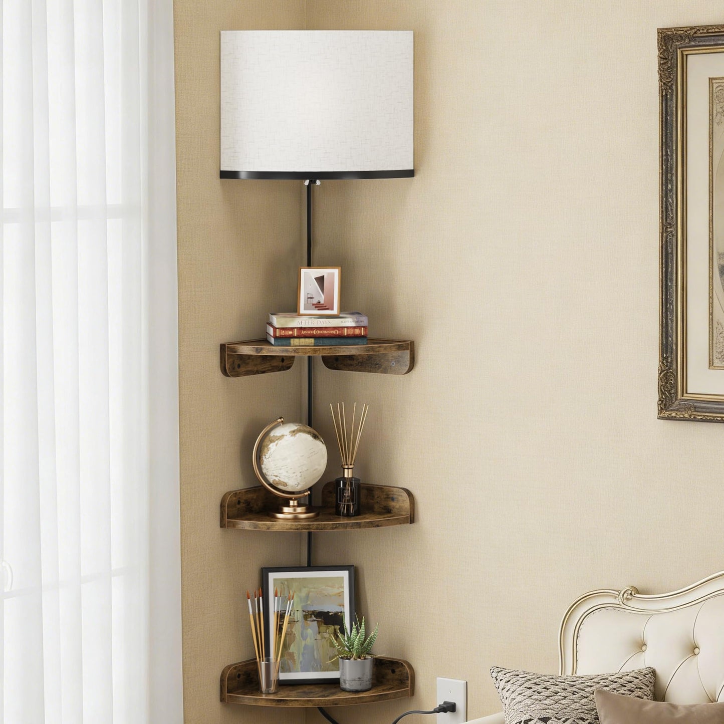 YAOHUOO Corner Shelf Wall Mounted with Light, Set of 3 Corner Floating Shelves with Cord Hole for Cable Box, Round End Wall Mounted Floating Shelf for Bedroom, Living Room and Kitchen, Rustic Brown