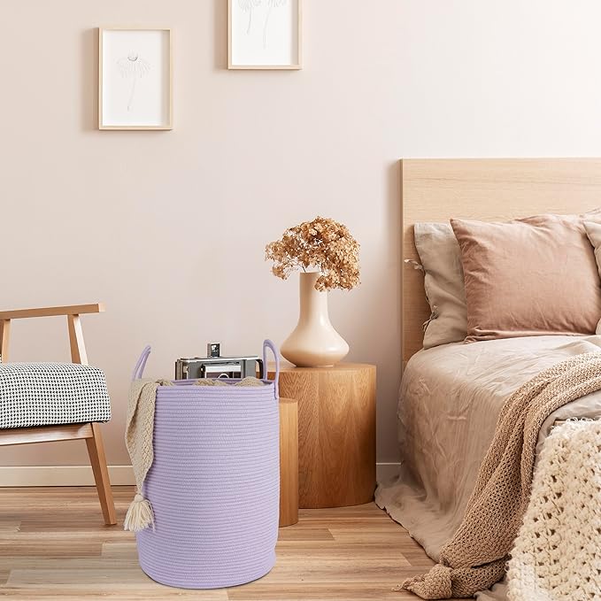 XUANGUO Cotton Rope Laundry Basket Hamper for Clothes Woven Storage Basket for Living Room Bedroom Boho Tall Rope Baskets for Blanket Toys Pillow Towels Baby Nursery Hamper Bin Large purple