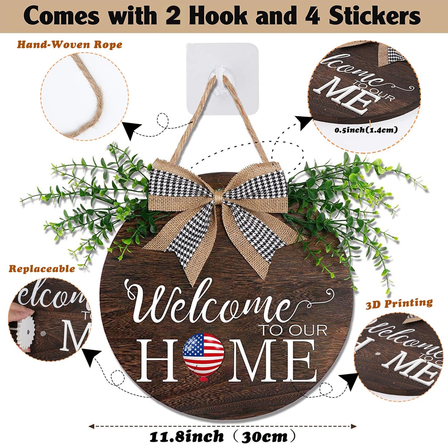 Yonuni Interchangeable Welcome to Our Home Sign, Equipped with 16 Replaceable Icons, Farmhouse Front Door Signs Wooden Wreath Suitable for All Seasons Holiday Halloween Christmas (12x12 Inch)