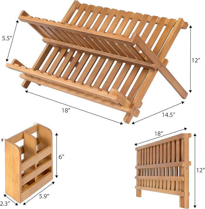 happimess DSH2000B Arlen Farmhouse Bamboo Foldable 2-Tier Dish Drying Rack with Detachable Utensil Holder, Brown