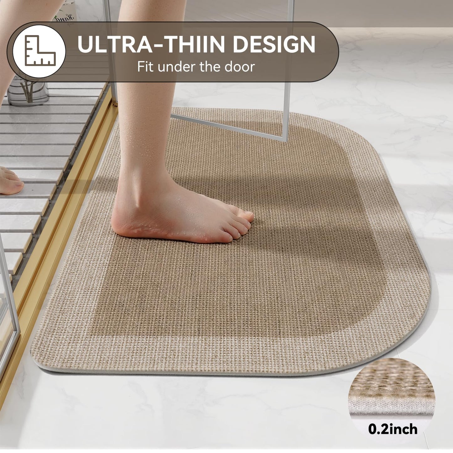 YDKGL Half Circle Bath Mat, Non Slip Bath Mat, Thin Bathroom Rugs Fit Under Door Quick Dry Absorbent Washable Bathroom Mat with Rubber Backing, Brown Beige 16x24