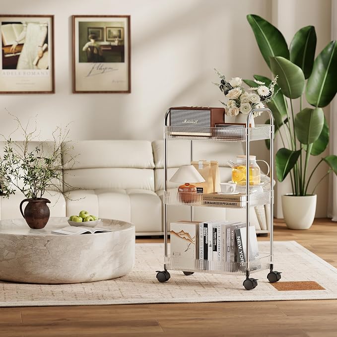 STARLATTA 3 Tier Rolling Cart with Lockable Wheels, Clear Acrylic Utility Trolley with Handle, Heavy-Duty Storage Organizer for Kitchen Bathroom Nursery Laundry - Snack Book Craft Organizer (Clear)