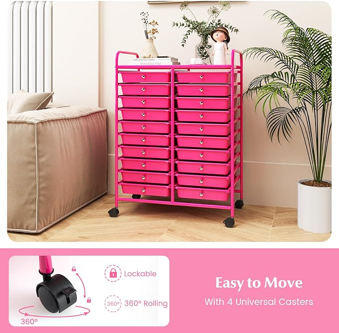 COSTWAY 20-Drawer Rolling Storage Cart, Utility Storage Organizer Cart for Tools, Scrapbook, Paper, Craft, Multipurpose Storage Trolley on Wheels for Home Office School, Hot Pink