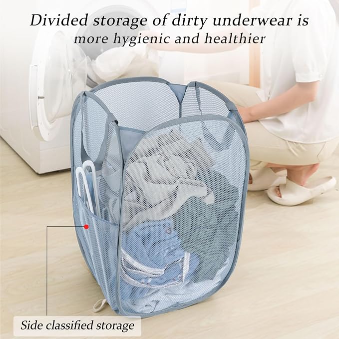 Upgraded 100L Extra Large Collapsible Laundry Hampers. Pop Up Laundry Basket Mesh with Pocket, Fold Compact, Large Hold Portable Travel Laundry Bag for Dorm Storage Bin, Grey. V