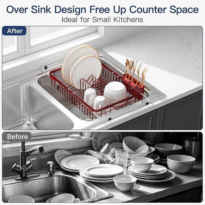 JASIWAY Red Expandable Stainless Steel Dish Drying Rack Over The Sink for Small Kitchen, Counter Space Saving Compact Plate Drainer Strainer, Adjustable Hanging Metal Dish Dryer with Utensil Holder