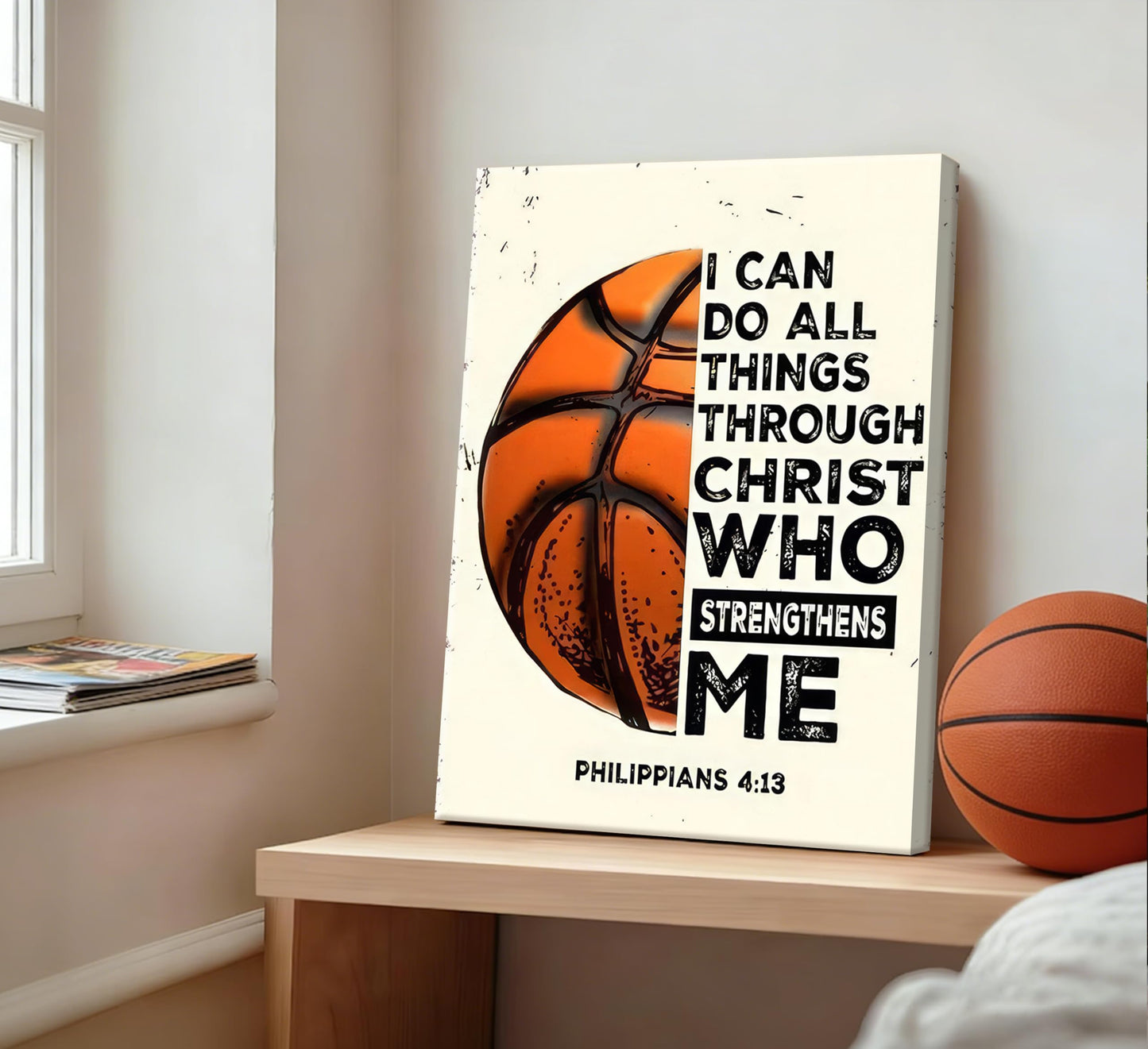 Inspirational Basketball Canvas Wall Art Christian Sports Painting Picture Wall Decor-I Can Do All Things Through Christ Who Strengthens Me Poster Print Artwork for Man Cave Boysroom Home Decoration