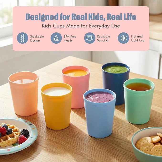 MASTERCOOK 6 Pcs. Small Reusable Cups –8 oz Unbreakable Drinking Glasses -Toddler Cups for Water, Juice, Milk–BPA Free Stackable Tumblers Plastic Cup set for Kitchen, Picnics, Parties- Kid-Friendly
