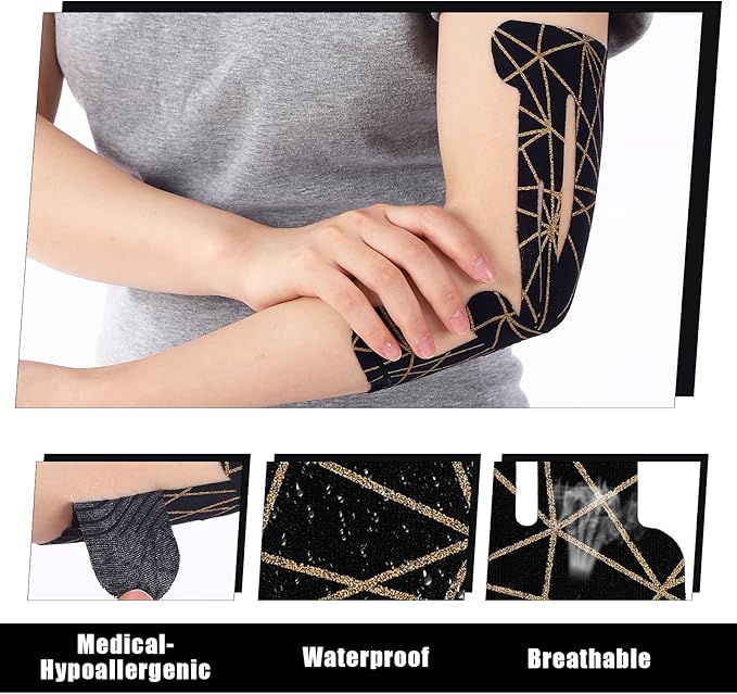Geiserailie 20 Pcs Precut Kinesiology Tape for Elbows, Pain Relief Pre Cut Sports Waterproof Breathable Enhance Elastic Copper Infused Kinesiology Athletic Tape for Body Support and Muscle Black