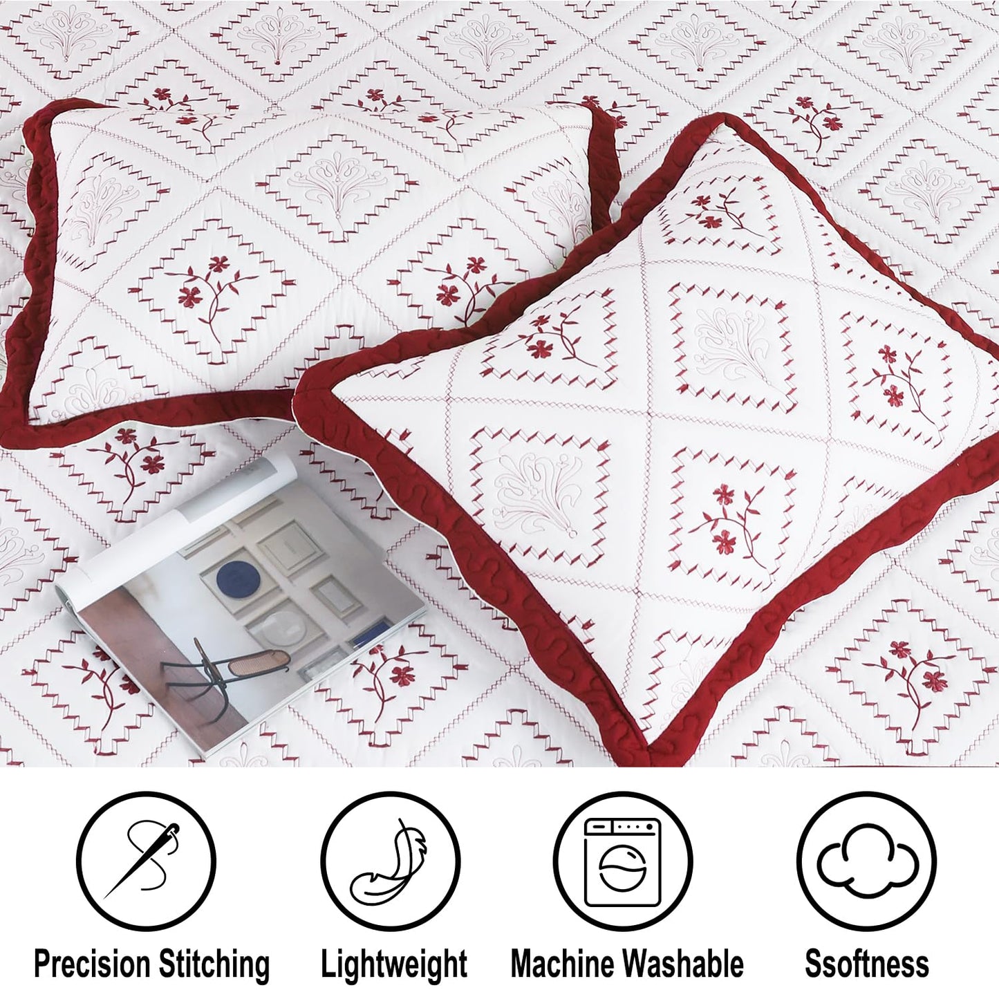 Cmfshape Floral Embroidery Quilt Set,3 Pieces Oversized King Quilt Bedding Set,Classic Diamond Pattern Quilts,Ultra Soft Lightweight Reversible Bedspread Coverlets for All Season(Burgundy,120"x120")
