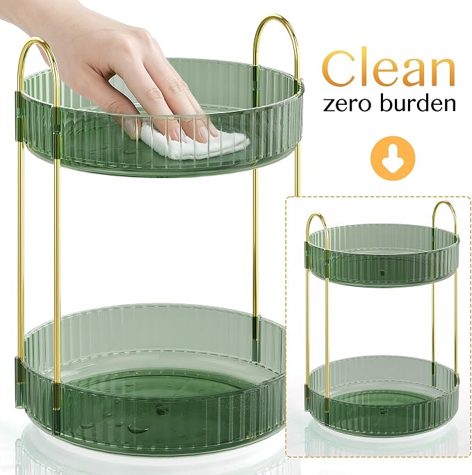 Rotating Makeup Organizer Countertop,Skincare Organizers,Spinning Perfume Tray Stand,Makeup Storage Organizer for Vanity,Bathroom Organizer and Storage,Lazy Susan,2 Tier,Green